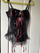 Ann Summers Black/red Ribbon Trim  U/W Babydoll With Suspenders Size Large NWOT