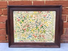 ANTIQUE ARTS & CRAFTS WOODEN TRAY WITH GLAZED PAINTING OF BIRDS & FLOWERS 19thC