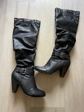 Black Boots Size 7 UK knee high Just Fab Ruched Faux Leather Shoes Block Heel