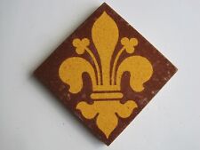ANTIQUE 6" SQUARE GLAZED RED QUARRY / ENCAUSTIC TILE WITH FLEUR DE LIS PATTERN