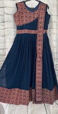 Asian Anarkali Salwar Kameez Dress Gown Partywear Blue Copper Embroidered XXL 44