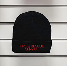 FIRE & RESCUE Black Embroidered Beanie Hat RED Text Firefighter Uniform Brigade