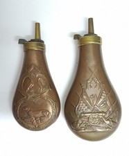 19th Century 2 Flint Lock Pistol Copper Powder Flasks Hunting Dog & Military.
