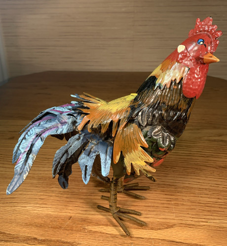 Metal tin rooster hand painted - rooster,