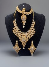 Asian Indian Pakistani Jewellery Rhinestone Gold Necklace Set Earrings With Tika