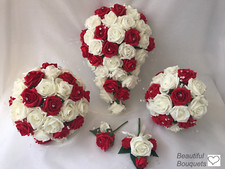  Wedding Flowers red , Ivory Rose Bouquet, Bride, Bridesmaid, Flower-Girl Wand