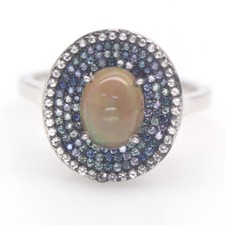 Unheated Gemstone Black Opal, Sapphire, Cubic Zirconia Ring 925 Silver Size 7.75