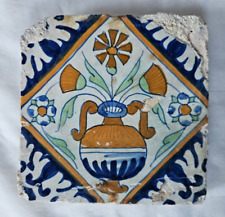 RARE ITALIAN MAIOLICA 5.5 INCH ANTIQUE TILE VASE FLOWERS COLOURFUL