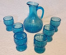 Vintage 1960s MCM Fidenza Italian Blue Embossed Water Wine Jug & 6 Glasses VGC