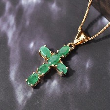 Natural Emerald Cross Pendant Necklace 18K Gold Plated Over 925 Sterling Silver