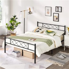 Double Bed Frame Metal Slatted Bed Base Solid Mattress Foundation with Headboard