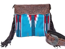 Cowgirl FRINGE LEATHER BAG with Aztec Navajo Blanket - Large Tooled Leather