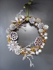 Handmade 12in Christmas wreath, silver cones, seed heads, baubles, glitter