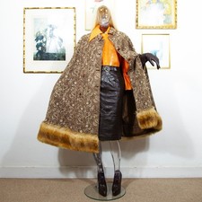 Vintage 1970s Wool Cape Fur Trim Bohemian Folk Floral Pattern Cloak One Size