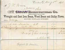 United States Canton Agricultural Co. 1878 Manf. Iron Beams Receipt Ref 38652