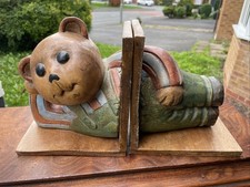 VINTAGE Wooden Carved Teddy Bear Bookends Book End 