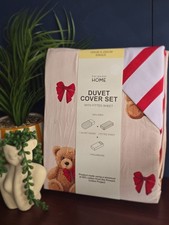 Primark Teddy Bear Bow Stripe Reversible Single Duvet Set red Xmas Christmas