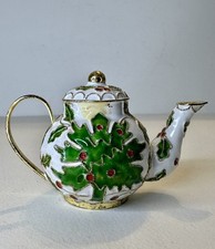 Vintage Cloisonne Christmas tree Enamel Metal Holly Berries Tea Pot Ornament