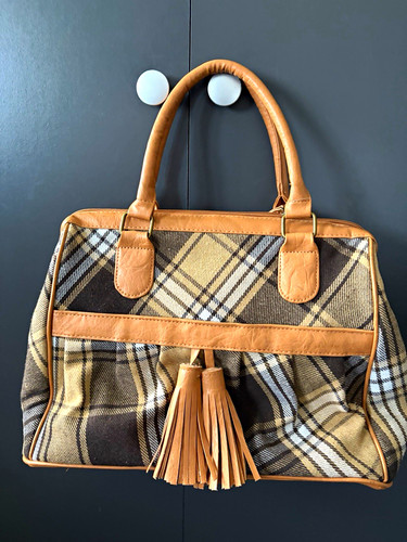 Beige plaid satchel top - satchel,