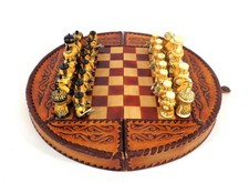 Vintage Folding Faux Leather Bound Chess Board with Lightweight Wooden Pieces