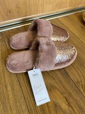 NEW M&S PINK SEQUIN FAUX FUR CUFF MULE SLIPPERS SIZE SMALL UK 3-4 vegan friendly