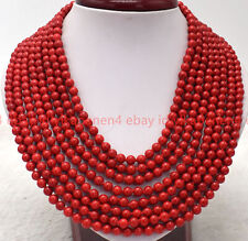 Pretty 8 Rows 6mm Red Coral Gemstone Round Beads Necklace 17-24in