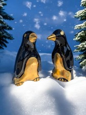 Pair Vintage Walter Bosse Style Wooden Lacquered Penguin Figurines Black & Gold