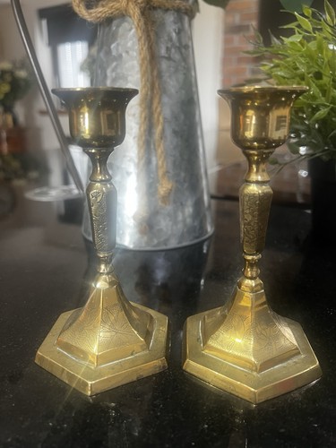 Brass engraved candlesticks - brass,