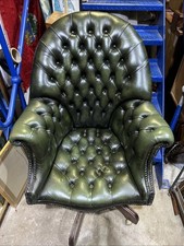 Antique Mahogany Green Leather Revolving Office Desk Armchair (Circa 1980) #2