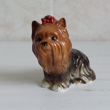 Vtg Sitting Yorkshire Terrier Dog Figurine Ornament Yorkie Bone China Red Bow