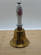Vintage Brass Hand Bell Ceramic Floral Handle Pub Bell Call Bell Bates Brass