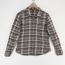 Patagonia Fjord Flannel Shirt Womens S Gray Plaid Long Sleeve Button-Up Organic