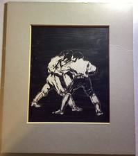 Antique, Vintage Scrafito Boxing, Pugilism - Hand crafted picture - Folk Art