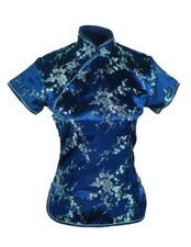 UK Stock China Chinese Blue Cherry Blossom Satin Short Sleeve Top Shirt  Blouse