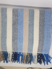 National Trust Beige Cream Blue Pure Wool Fringed Blanket Trow Picnic 135x150 cm