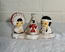 Vintage Native American Salt & Pepper Shakers Boy Girl Toothpick Teepee Ceramic