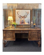 Carved Oak Vintage Desk With Key & Green Tooled Leather Top, Delivery Available