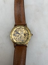 Rotary Gold Plated Skeleton Dial Wrist Watch with Leather Strap Working Order