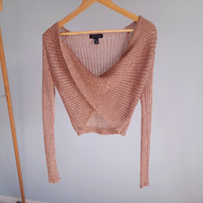 New Look Pink Metallic Rose Gold Knitted Crop Top - Size S - Long Sleeve