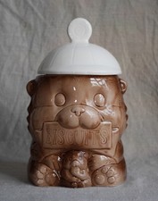 Vintage Japanese Bear Cookie Jar, Large Brown Ceramic Biscuit Jar with Lid