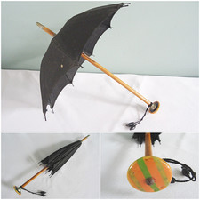 Antique Fashion Doll Parasol Umbrella Victorian Miniature Black Canopy c1900