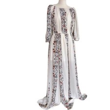 Full Length White Summer Botanical Floral Pattern Maxi Dress Elastic Waist Sz 16