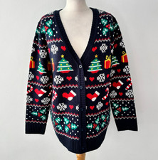 Primark Fair Isle Christmas Cardigan Size 14 / 16 Navy Multicolour Festive Jewel