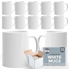 SOL 12pk White Mugs - 11oz 100% Lead & Cadmium Free Stoneware Coffee & Tea Mugs