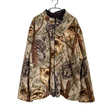 Vintage Wolf Print Fleece Jacket Brown Tan Forest Scene Zip Up Unisex