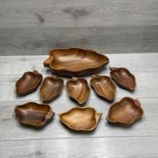 9 x Vintage Teak Wooden Leaf Shaped Bowls Dishes - 1x Large & 8x Small