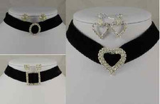 BLACK VELVET & OVAL, SQUARE, HEART DIAMANTE CRYSTAL CHOKER/NECKLACE EARRINGS SET