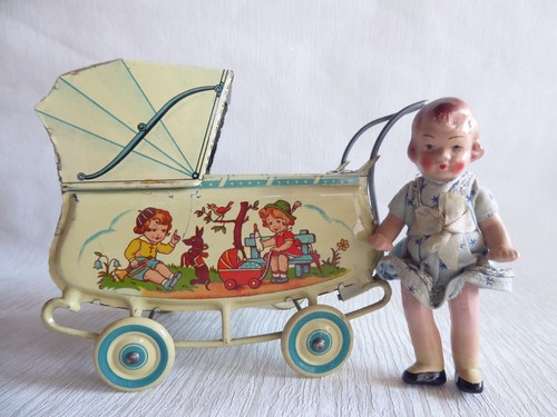Tin doll pram lithographed - tin,