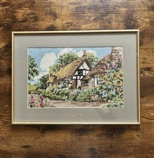 Vintage Framed Handmade Tapestry Thatched Cottage Gallery Wall Cottagecore Retro
