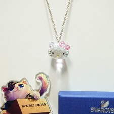 Swarovski Sanrio Crystal Hello Kitty 3D Face Necklace Pink Ribbon w/ Box 18"